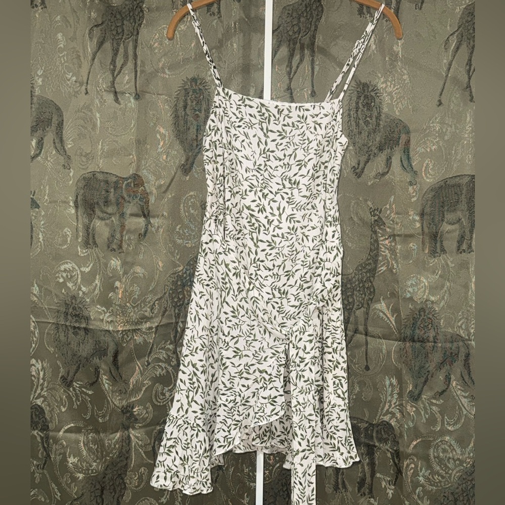 White Mini Sundress with Olive Leaf Print - Spaghetti Strap